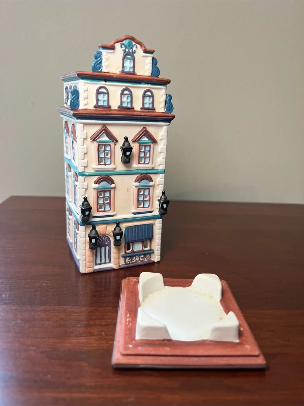 Vintage Cafe Prague House Shaped Tealight Candle Holder Hand Painted